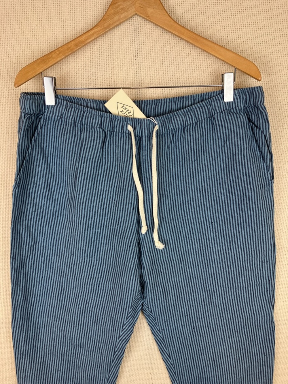 Alex Crane Bo Pants Linen Blue Stripe Drawstring Waist XL NWT - Picture 2 of 11